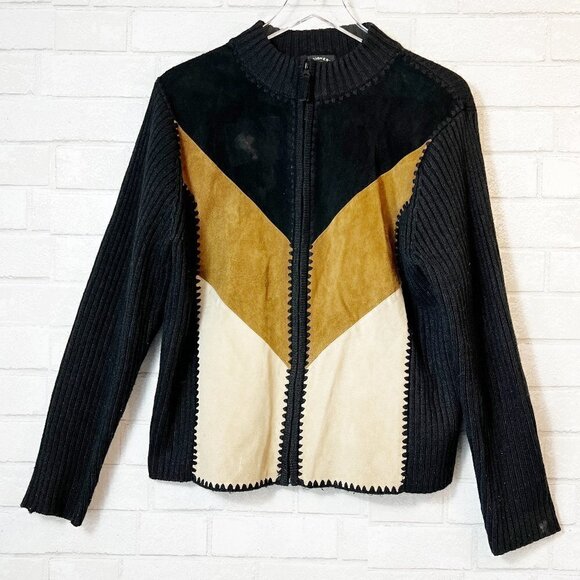Designer Studio Originals Vintage Leather Suede Ribbed Black Cardigan Sweater XL - Picture 2 of 8